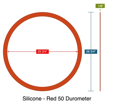 Silicone - Red 50 Durometer -  1/8" Thick - Ring Gasket - 25.75" ID - 28.75" OD