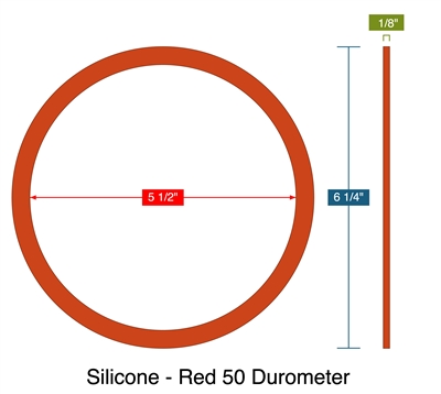 Silicone - Red 50 Durometer -  1/8" Thick - Ring Gasket - 5.5" ID - 6.25" OD