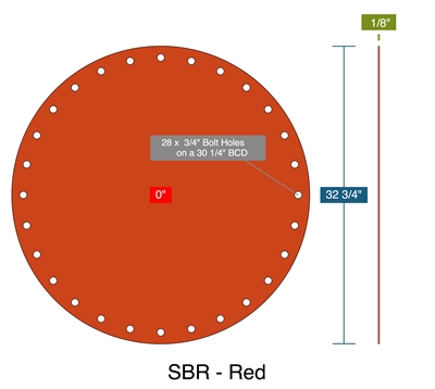 Red SBR Rubber Disc With Holes - 32.75" OD x 1/8" Thick (28) 3/4" Holes On 30.25" BC