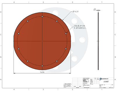 Silicone - Red 50 Durometer -  3/32" Thick - 0" ID - 16.312" OD - 10 x .385" Holes on a 14" BCD Per S-10432
