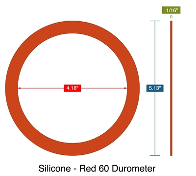 Silicone - Red 60 Durometer -  1/16" Thick - Ring Gasket - 4.18" ID - 5.13" OD