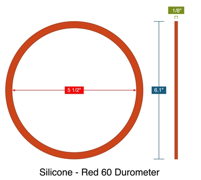 Silicone - Red 60 Durometer -  1/8" Thick - Ring Gasket - 5.5" ID - 6.1" OD