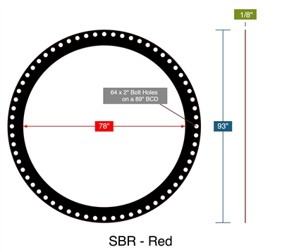 SBR - Black -  1/8" Thick - Vulcanized Full Face Gasket - 78" ID - 93" OD - 64 x 2" Holes on a 89" Bolt Circle Diameter