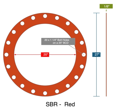 Red SBR Rubber Full Face Gasket - 20" ID x 27.5" OD x 1/8" Thick (20) 1.25" Holes On 25" BC