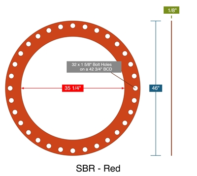SBR - Red -  1/8" Thick - Full Face Gasket - 35.25" ID - 46" OD - 32 x 1.625" Holes on a 42.75" Bolt Circle Diameter