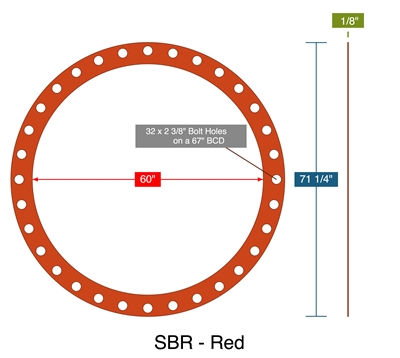 SBR - Red - Full Face Gasket -  1/8" Thick - 60" ID - 71.25" OD - 32 x 2.375" Holes on a 67" Bolt Circle Diameter