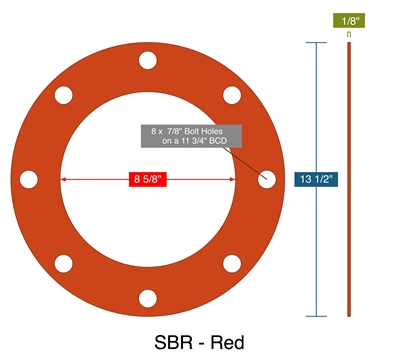 SBR - Red -  1/8" Thick - Full Face Gasket - 150 Lb. - 8"