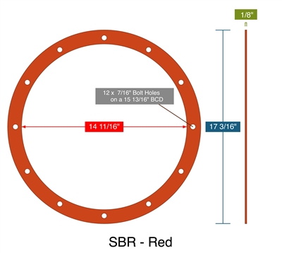 SBR - Red -  1/8" Thick - Full Face Gasket - 14.6875" ID - 17.1875" OD - 12 x .4375" Holes on a 15.8125" Bolt Circle Diameter Per MD201.D2 14in