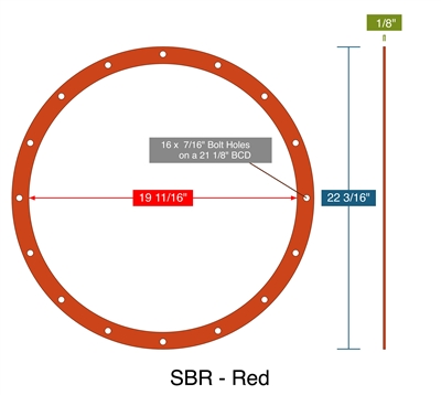 SBR - Red -  1/8" Thick - Full Face Gasket - 19.6875" ID - 22.1875" OD - 16 x .4375" Holes on a 21.125" Bolt Circle Diameter Per MD201.D2 19in