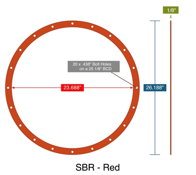 SBR - Red -  1/8" Thick - Full Face Gasket - 23.688" ID - 26.188" OD - 20 x .438" Holes on a 25.125" Bolt Circle Diameter Per MD201.D2 23in