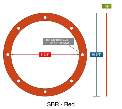 SBR - Red -  1/8" Thick - Full Face Gasket - 8.625" ID - 10.625" OD - 8 x .375" Holes on a 9.5" Bolt Circle Diameter Per MD201.D2 8in