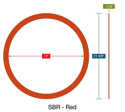 SBR - Red -  1/16" Thick - Ring Gasket - 10" ID - 11.375" OD