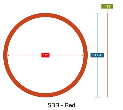 SBR - Red -  1/16" Thick - Ring Gasket - 12" ID - 13.25" OD