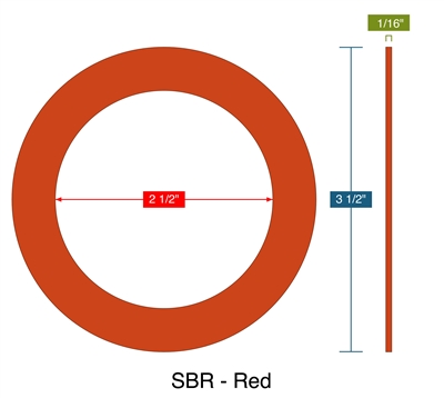 SBR - Red -  1/16" Thick - Ring Gasket - 2.5" ID - 3.5" OD