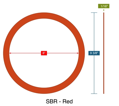 SBR - Red -  1/16" Thick - Ring Gasket - 8" ID - 9.375" OD