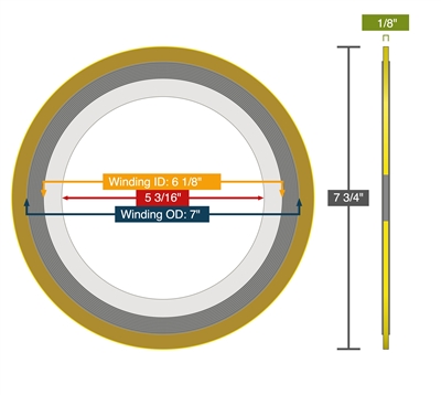 Equalseal Spiral Wound Gasket - 304 Stainless Steel Inner Ring - 304 Stainless Steel winding - Flexible Graphite Filler - Carbon Steel Outer Ring - 150 Lb. - 5"