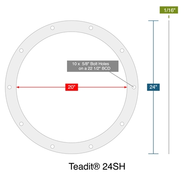 TeaditÂ® 24SH -  1/16" Thick - Full Face Gasket - 20" ID - 24" OD - 10 x .625" Holes on a 22.5" Bolt Circle Diameter