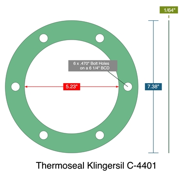 Thermoseal Klingersil C-4401 - Full Face Gasket -  1/64" Thick - 5.23" ID - 7.38" OD - 6 x .470" Holes on a 6.25" Bolt Circle Diameter