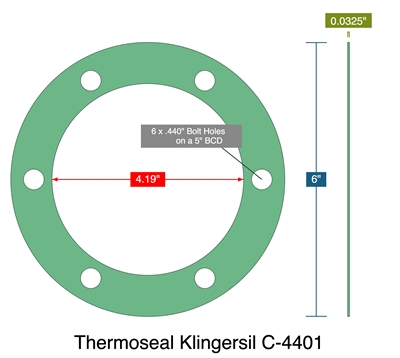 Thermoseal Klingersil C-4401 - Full Face Gasket - 0.0325" Thick - 4.19" ID - 6" OD - 6 x .440" Holes on a 5" Bolt Circle Diameter