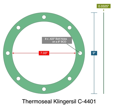 Thermoseal Klingersil C-4401 - Full Face Gasket - 0.0325" Thick - 7.03" ID - 9" OD - 8 x .422" Holes on a 8" Bolt Circle Diameter