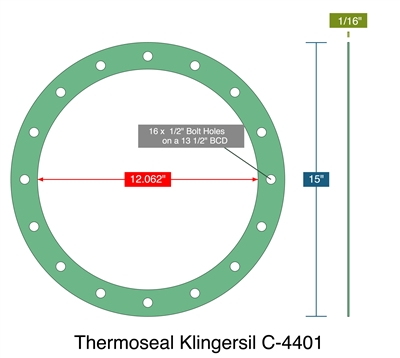 Thermoseal Klingersil C-4401 -  1/16" Thick - Full Face Gasket - 12.062" ID - 15" OD - 16 x .50" Holes on a 13.5" Bolt Circle Diameter