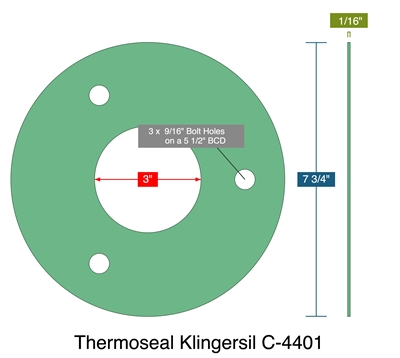 Thermoseal Klingersil C-4401 -  1/16" Thick - Full Face Gasket - 3" ID - 7.75" OD - 3 x 0.5625" Holes on a 5.5" Bolt Circle Diameter