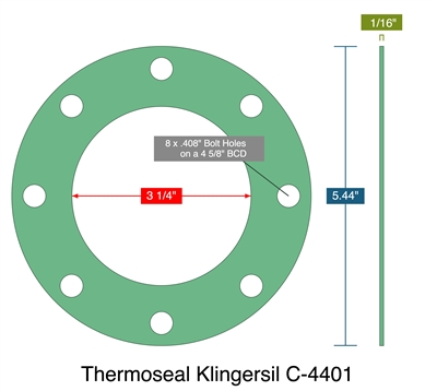 Thermoseal Klingersil C-4401 -  1/16" Thick - Full Face Gasket - 3.25" ID - 5.44" OD - 8 x .408" Holes on a 4.625" Bolt Circle Diameter