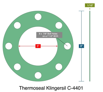 Thermoseal Klingersil C-4401 -  1/16" Thick - Full Face Gasket - 5" ID - 9" OD - 8 x .875" Holes on a 7.5" Bolt Circle Diameter