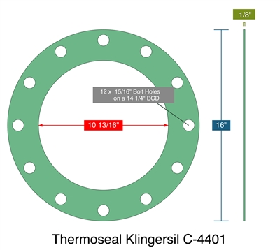 Thermoseal Klingersil C-4401 -  1/8" Thick - Full Face Gasket - 10.8125" ID - 16" OD - 12 x .9375" Holes on a 14.25" Bolt Circle Diameter ATP-E-CV-111