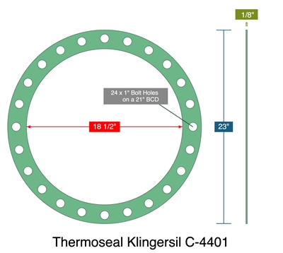 Thermoseal Klingersil C-4401 - Full Face Gasket -  1/8" Thick - 18.5" ID - 23" OD - 24 x 1" Holes on a 21" Bolt Circle Diameter