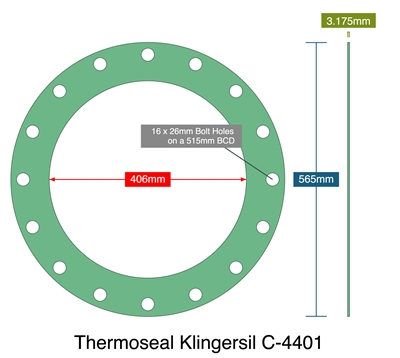 Thermoseal Klingersil C-4401 - 3.18mm Thick - Full Face Gasket - 406mm ID - 565mm OD - 16 x 26mm Holes on a 515mm Bolt Circle Diameter