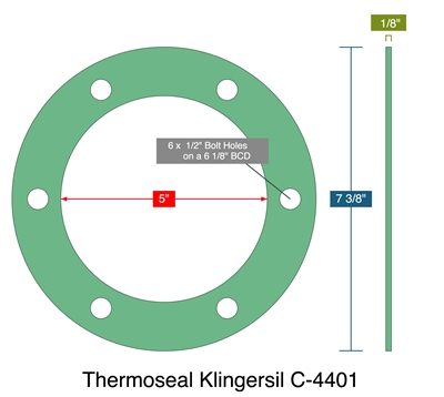 Thermoseal Klingersil C-4401 -  1/8" Thick - Full Face Gasket - 5" ID - 7.375" OD - 6 x .5" Holes on a 6.125" Bolt Circle Diameter