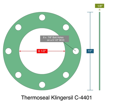 Thermoseal Klingersil C-4401 -  1/8" Thick - Full Face Gasket - 6.5" ID - 11" OD - 8 x 0.875" Holes on a 9.5" Bolt Circle Diameter