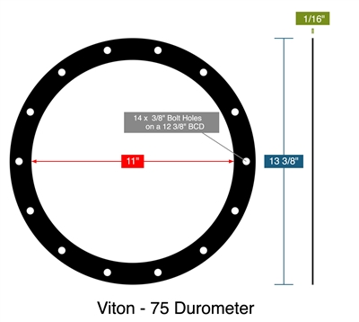 Viton - 75 Durometer -  1/16" Thick - Full Face Gasket - 11" ID - 13.375" OD - 14 x .375" Holes on a 12.375" Bolt Circle Diameter