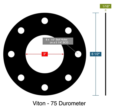 Viton - 75 Durometer - Full Face Gasket -  1/16" Thick - 3" ID - 6.5" OD - 8 x .5" Holes on a 5.25" Bolt Circle Diameter