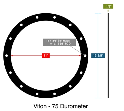 Viton - 75 Durometer -  1/8" Thick - Full Face Gasket - 11" ID - 13.375" OD - 14 x .375" Holes on a 12.375" Bolt Circle Diameter