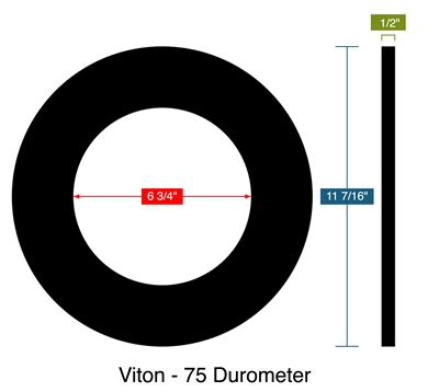 Viton - 75 Durometer -  1/2" Thick - Ring Gasket - 6.75" ID - 11.4375" OD