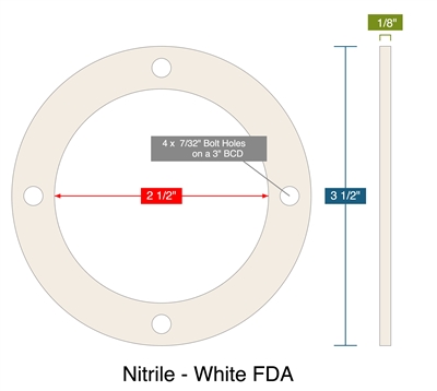 Nitrile - White FDA -  1/8" Thick - Full Face Gasket - 2.5" ID - 3.5" OD - 4 x 0.21875" Holes on a 3" Bolt Circle Diameter