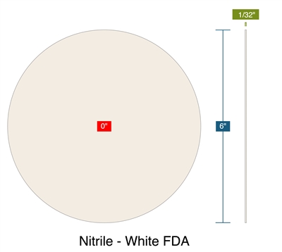 Nitrile - White FDA -  1/32" Thick - Ring Gasket - 0" ID - 6" OD