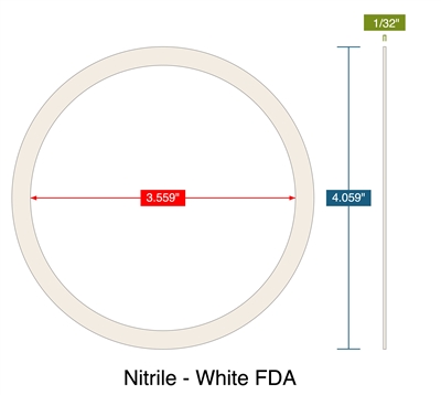 Nitrile - White FDA - With PSA One Side -  1/32" Thick - Ring Gasket - 3.559" ID - 4.059" OD