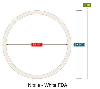 Nitrile - White FDA -  1/4" Thick - Ring Gasket - 35.25" ID - 39.25" OD -  Single piece Contruction