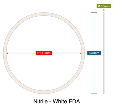 Nitrile - White FDA - Ring Gasket - 6.35mm Thick - 619.2mm ID - 670mm OD