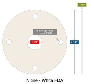 Nitrile - White FDA - Full Face Gasket -  1/16" Thick - 1.75" ID - 7.5" OD - 4 x .563" Holes on a 6" Diameter Bolt Circle