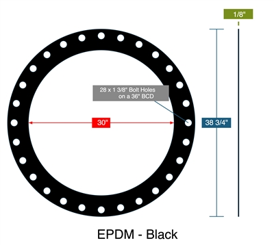 60 Duro EPDM Full Face Gasket - 150 Lb. - 1/8" Thick - 30" Pipe - Series A