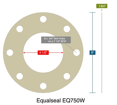 Equalseal EQ 750W N/A NBR Full Face Gasket - 150 Lb. - 1/16" Thick - 4" Pipe