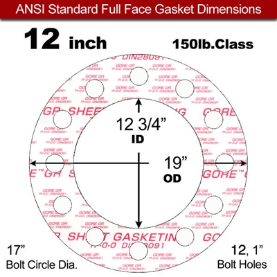 GOREÂ® GR Full Face Gasket - 150 Lb. - 1/8" Thick - 12" Pipe