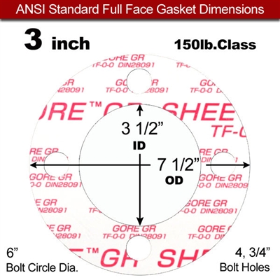 GOREÂ® GR Full Face Gasket - 150 Lb. - 1/8" Thick - 3" Pipe