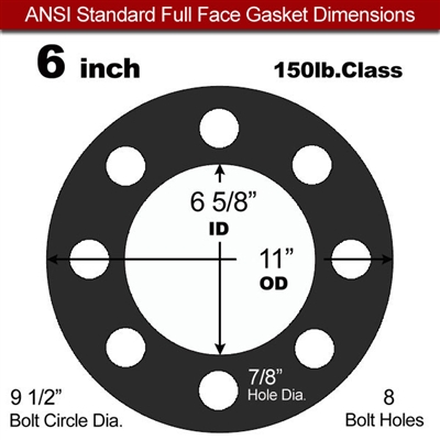 60 Duro Neoprene Full Face Gasket - 150 Lb. - 1/16" Thick - 6" Pipe