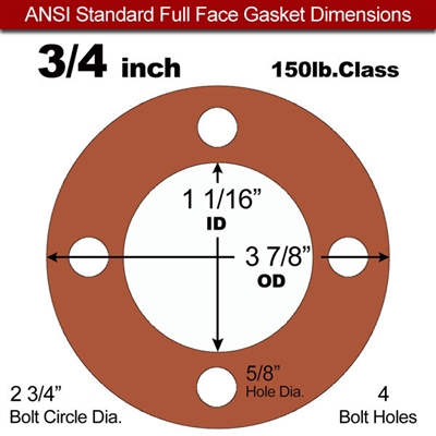 Red SBR Rubber Full Face Gasket - 150 Lb. - 1/16" Thick - 3/4" Pipe