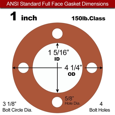 Red SBR Rubber Full Face Gasket - 150 Lb. - 1/16" Thick - 1" Pipe